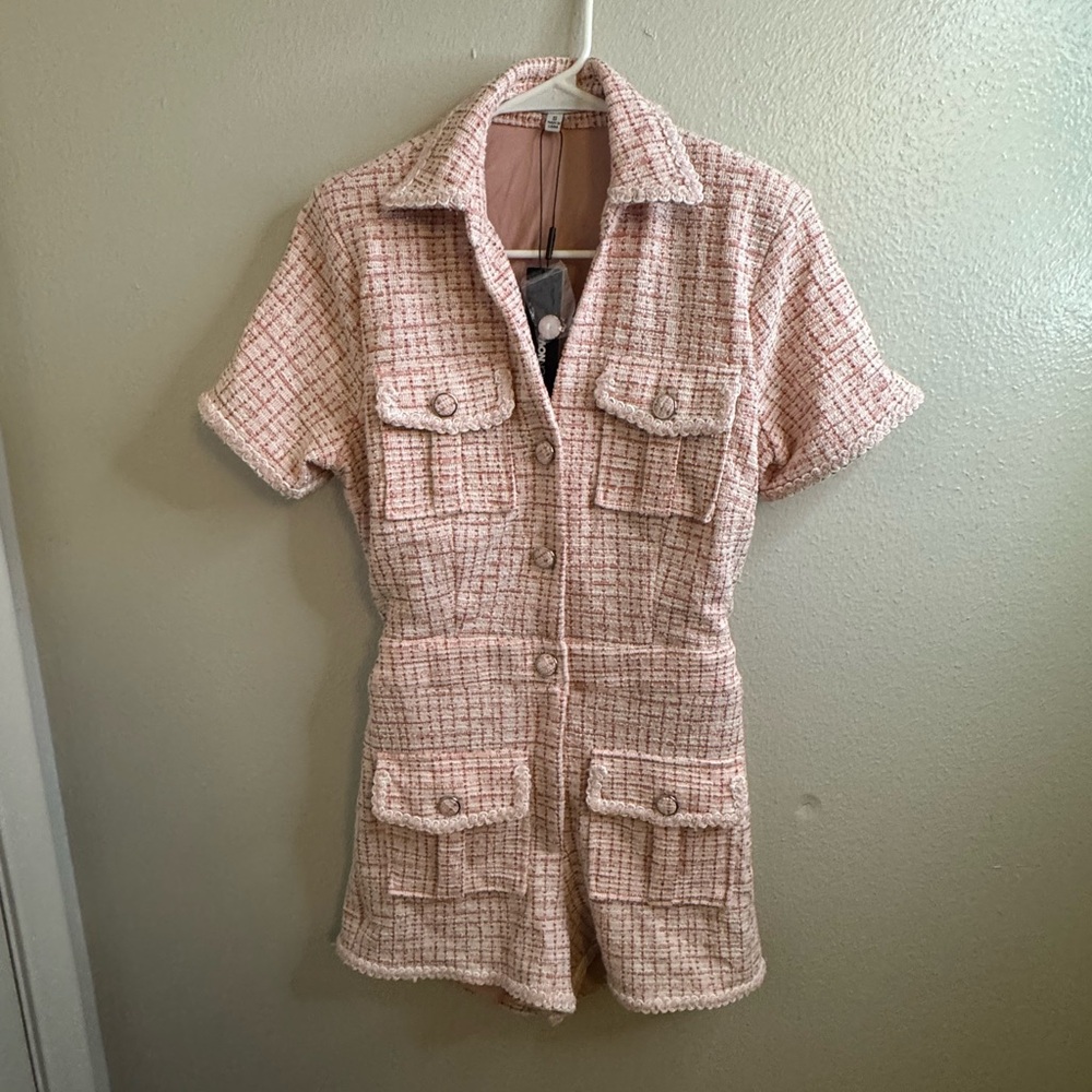 Fashion Nova Pink Tweed Short Sleeve Romper